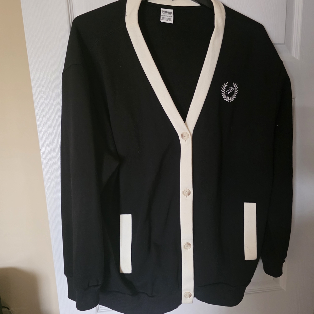 Black Cardigan with Cream Trim and Laurel Logo